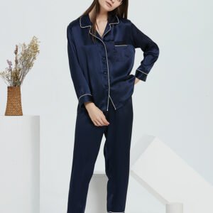 Ensemble de Pyjama en Soie Pure pour Femme – 2 Pièces avec Bordure Élégante – Haut à Manches Longues et Pantalon Long – 16MM 6A