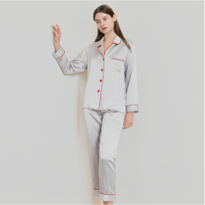 Ensemble de Pyjama en Soie Pure pour Femme – 2 Pièces avec Bordure Élégante – Haut à Manches Longues et Pantalon Long – 19MM 6A