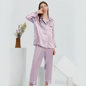 Ensemble de Pyjama en Soie Pure pour Femme – 2 Pièces avec Bordure Élégante – Haut à Manches Longues et Pantalon Long – 19MM 6A